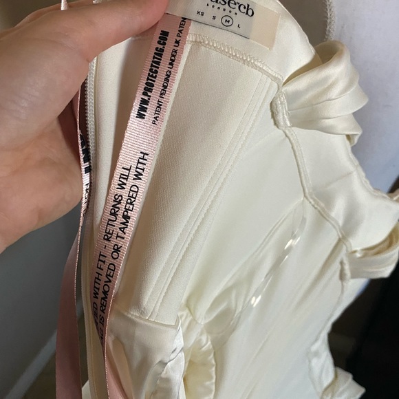 House of CB LORETTA SILKY SATIN OFF SHOULDER HIGH SLIT DRAPE CORSET MIDI NWT - Picture 7 of 8